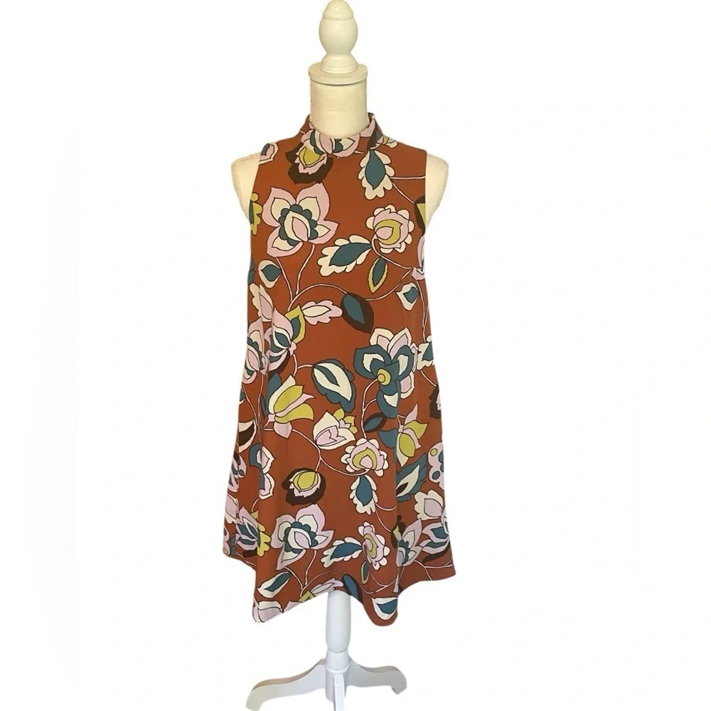 ModCloth In With Excitement Brown Floral Mock Neck Dress Size Small - Picture 2 of 10